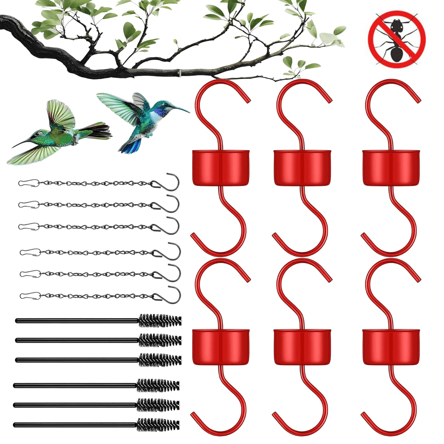 6 pack Ant Moat for Hummingbird Feeders,Red Hummingbird Feeder Ant Guards,Ant Guard Metal Materials,Ant Mote for Hummingbird Feeder with Hanging Chain and Cleaning Brush