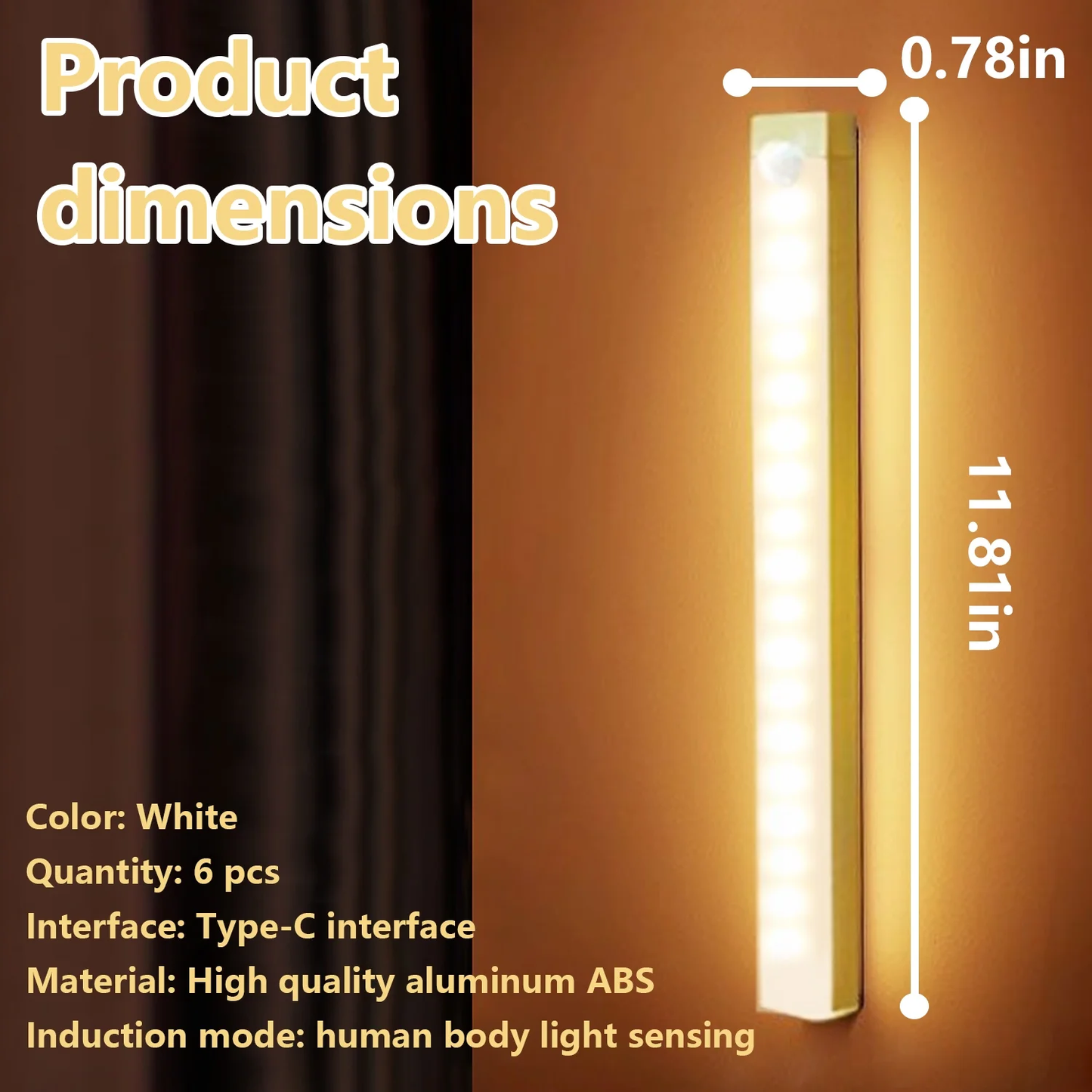 6 Pack LED Under Cabinet Lights,Motion Sensor Light Strip Adhesive Sheet,3 Modes Dimmable Closet Light,Counter Lights for Kitchen Stairs,White,11.81 x 0.78 in