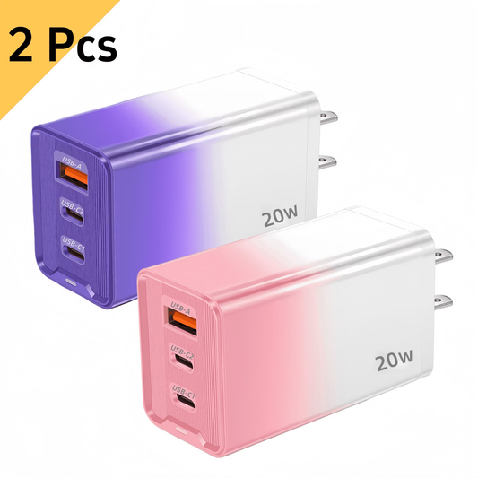 2Pack 20W USB C Wall Charger Block, 3-Port Fast Charging Type C Charger (2 USB-C + 1 USB-A), Compact Travel Phone Charger Compatible with Various Types of Mobile Phones (Purple & Pink)