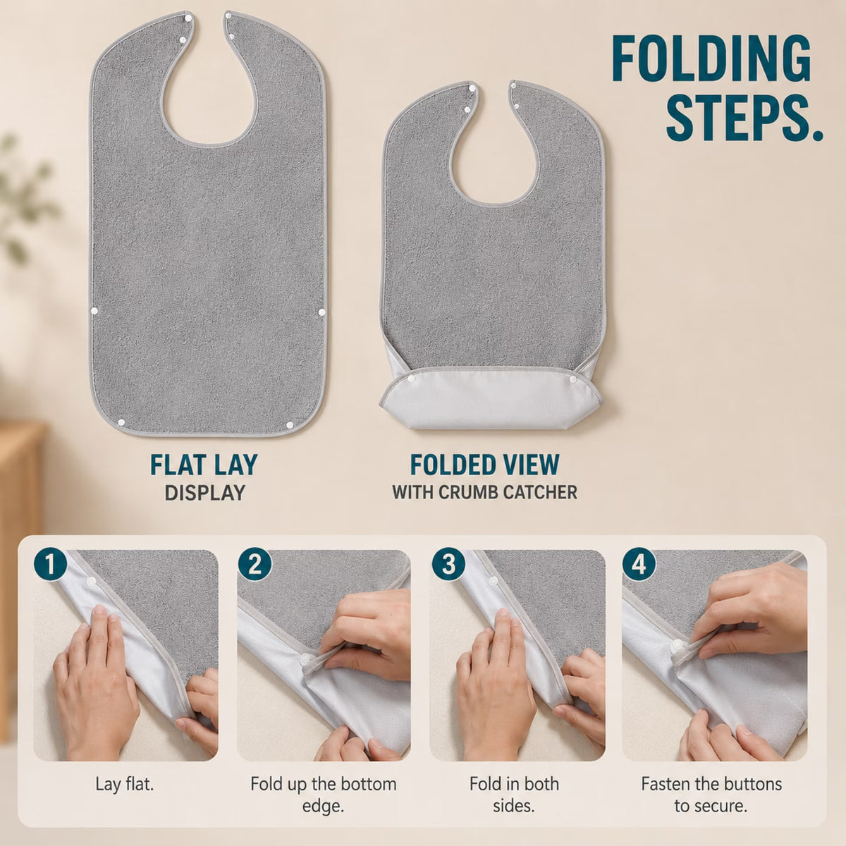 ChrumpTon 3 Pack Adult Bibs for Men and Women, Large Towel Bibs with Waterproof Lining, Adjustable Washable Clothing Protectors with Crumb Catcher, Blue Gray Camel