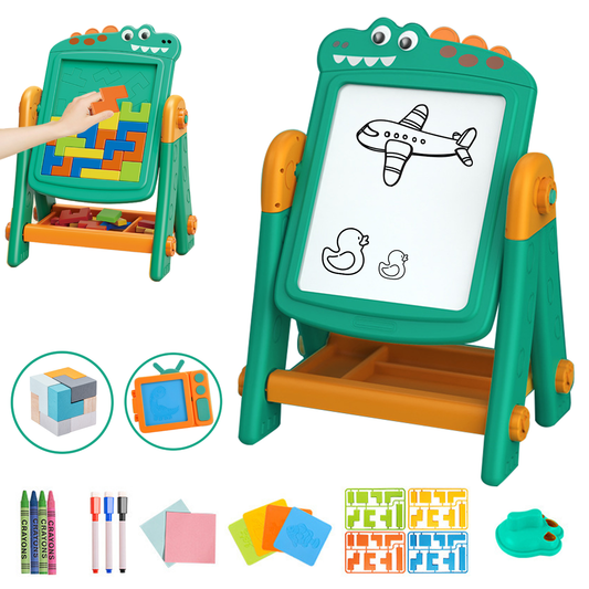 Easel for Kids,Kids Blackboard,Adjustable 3-in-1 Easel for Toddler,Double Drawing Board with Painting Accessories,Birthday Christmas Gift for Boys and Girls,Cartoon Dinosaur
