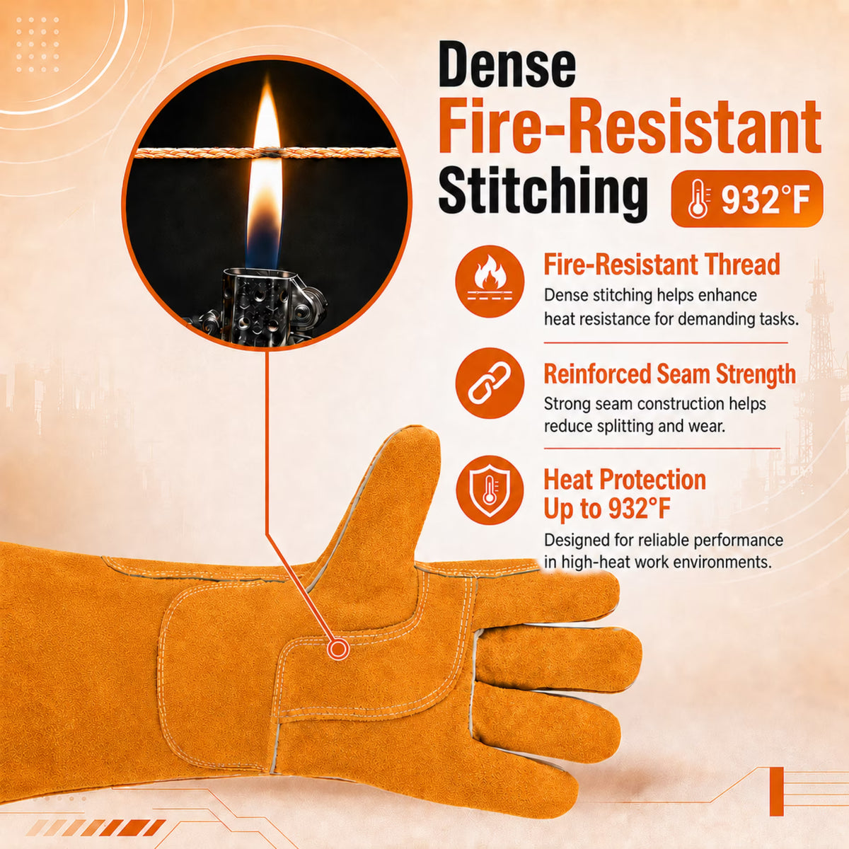 ChrumpTon 16 Inch Leather Welding Gloves, Heat Resistant Work Gloves with Extended Cuff, Reinforced Stitching and Soft Lining for Fireplace, Wood Stove, Yard Work and Light Welding, Orange
