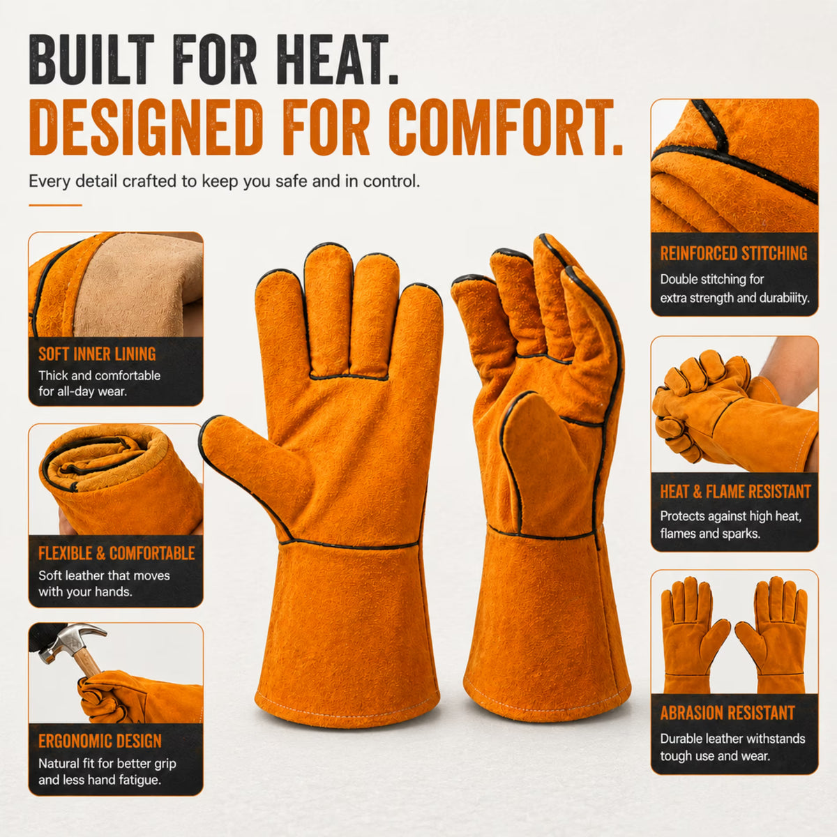 ChrumpTon Welding Gloves Heat Resistant, Leather Fireplace Gloves for Wood Stove & Welding, Long Sleeve Heat Resistant Gloves with Soft Lining, Orange