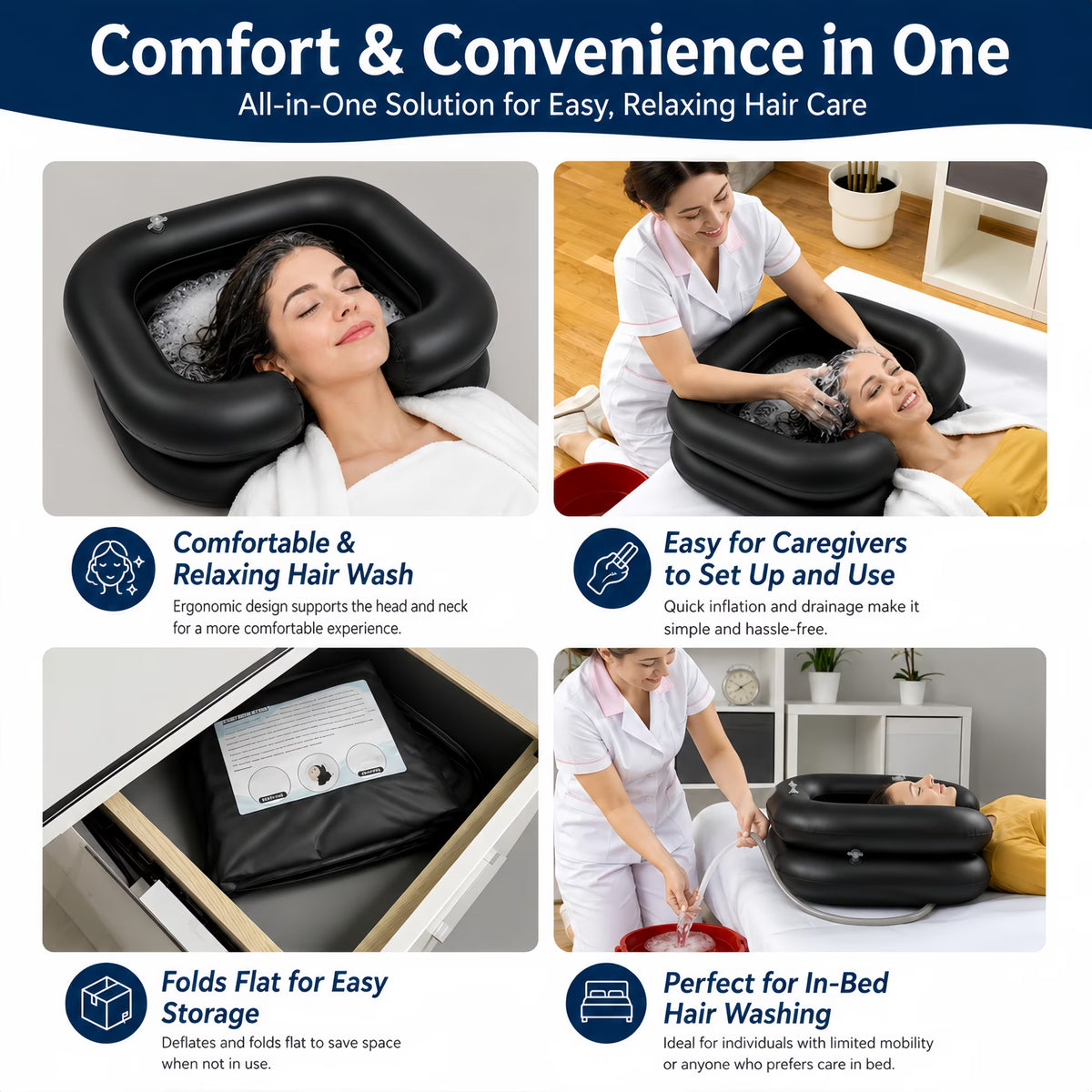 ChrumpTon Inflatable Hair Wash Basin with Drain Hose, Portable Shampoo Bowl for Bedside Hair Washing, Includes Hand Pump & Towel, for Bedside, Home Care, Sink Washing and Dreadlock Care, Black