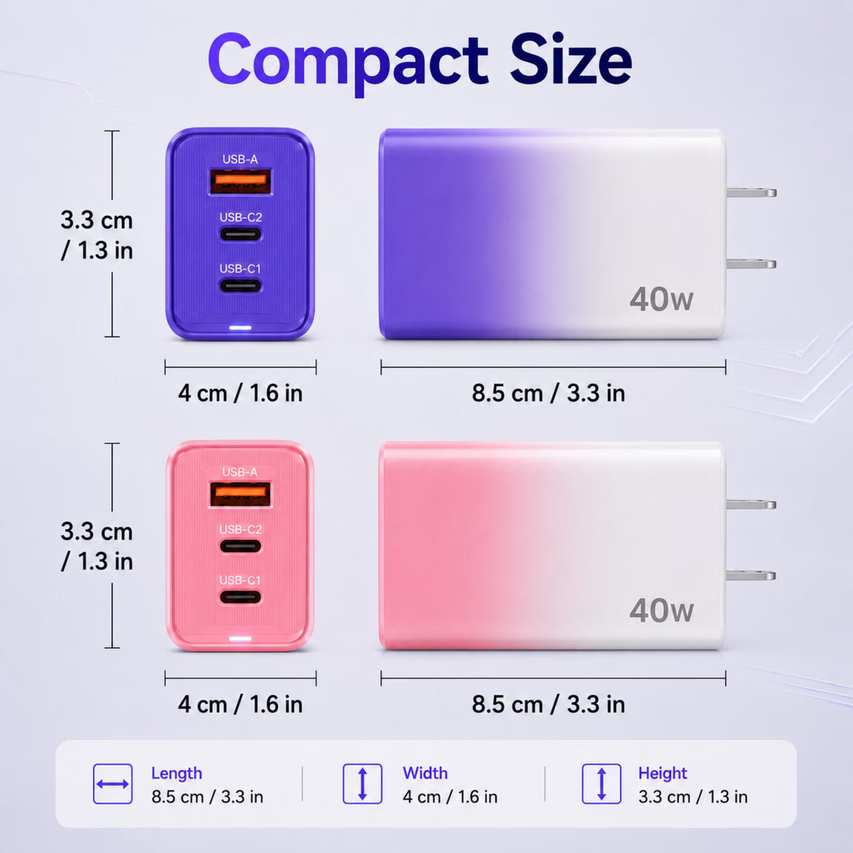 QINIUXO 2 Pack USB C Charger Block, 40W USB Wall Charger with 2 USB-C and 1 USB-A Ports, 3 Port Phone Charger Block, Compact Charger for Phones, Tablets and Everyday Devices, Purple & Pink