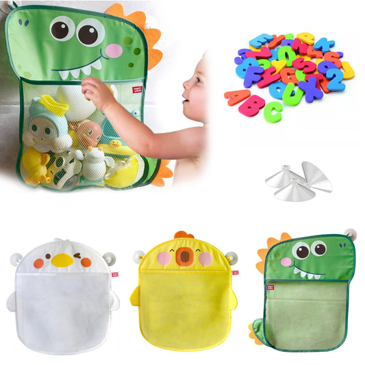 Bath Toy Storage 17.7"x17.3" 3 Pcs,Kids Bath Toy Organizer,Cartoon Bath Toy Organizer,Baby Large Bath Toy Storage for Tub,With Suction Cups and 36 Alphanumeric Toys