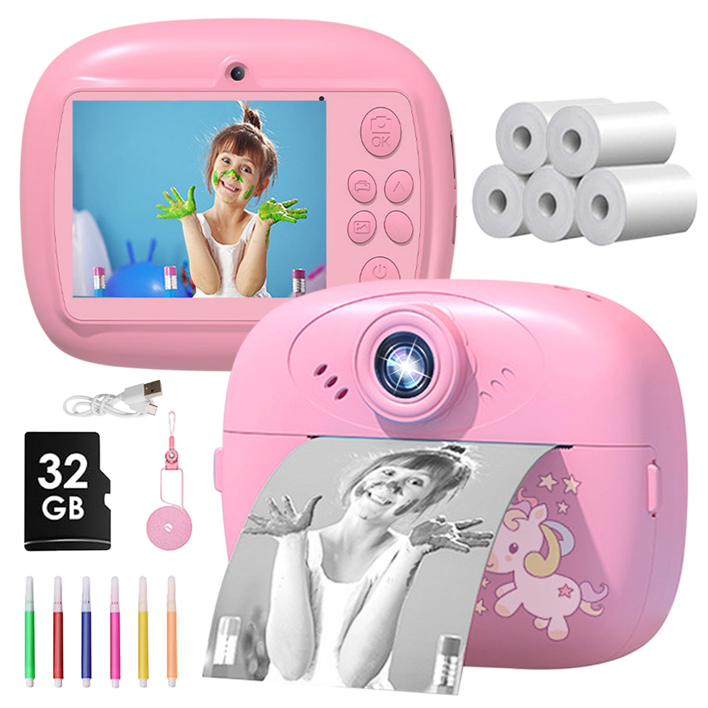 QINIUXO Instant Print Camera,HD Digital Camera,Pink Camera,Christmas Gift