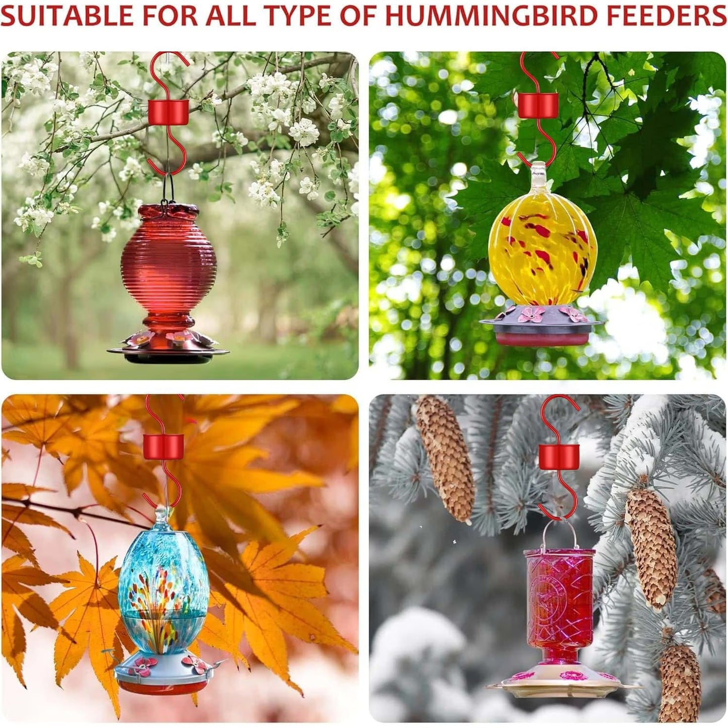 3-Pack Ant Moat for Hummingbird Feeders, Red Hummingbird Feeder Ant Guard, RustProof S Hooks with Cleaning Brushes and Hanging Chain for Bird Feeders