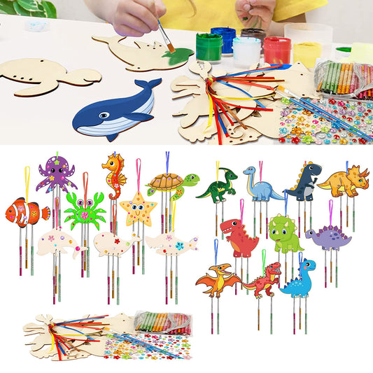 DIY Wind Chimes,Wooden Dinosaurs and Sea Creatures 19 Pcs,Crafts for Kids Ages 8-12,Make and Doodle Your Own Wind Chimes,Craft Gifts for Boys and Girls