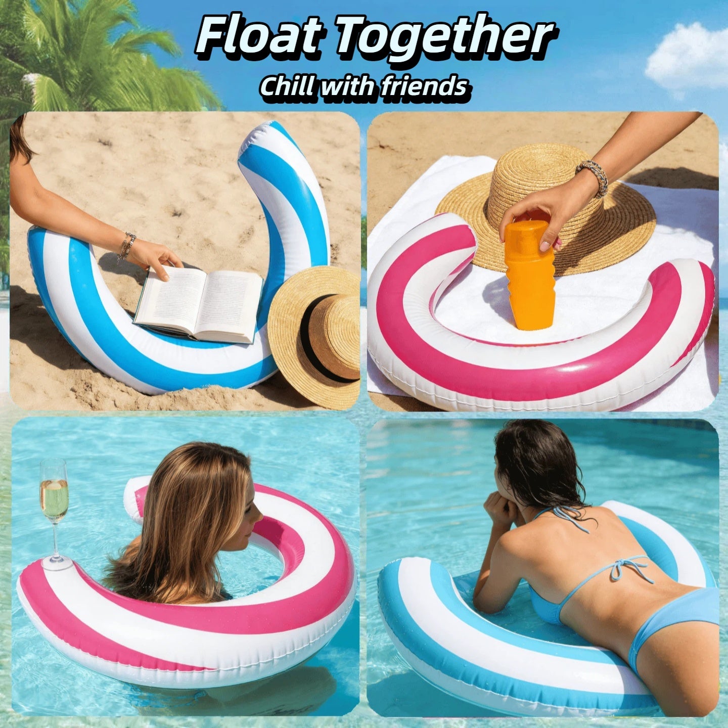 2 Pack Pool Noodles, Curved Inflatable Pool Noodle, Striped Inflatable Pool Floats, Pool Floats Adult for Swimming Pool, Lake, Beach, 29.5 in, Blue and Pink