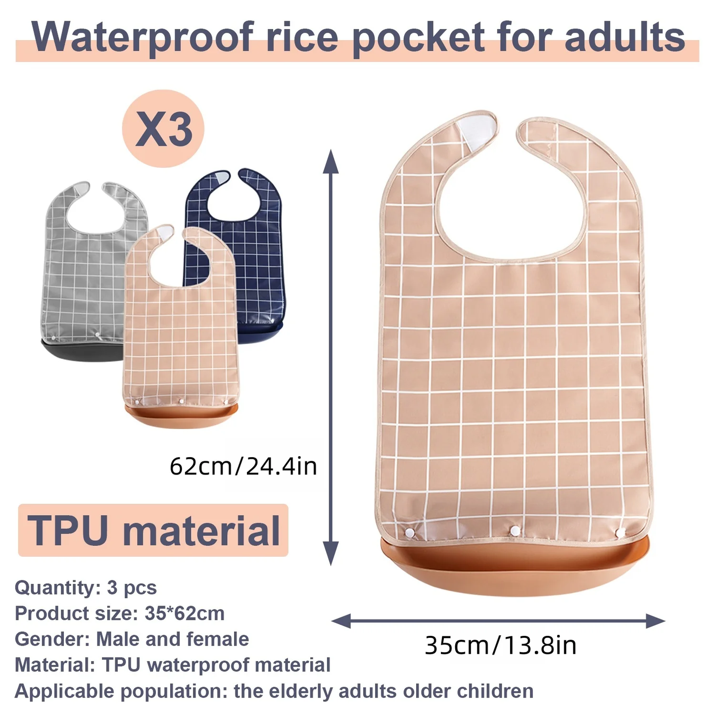 Adult Bibs for Men Women Pack of 3,Reusable Bibs for Elderly Eating with Crumb Catcher,Adjustable and Washable