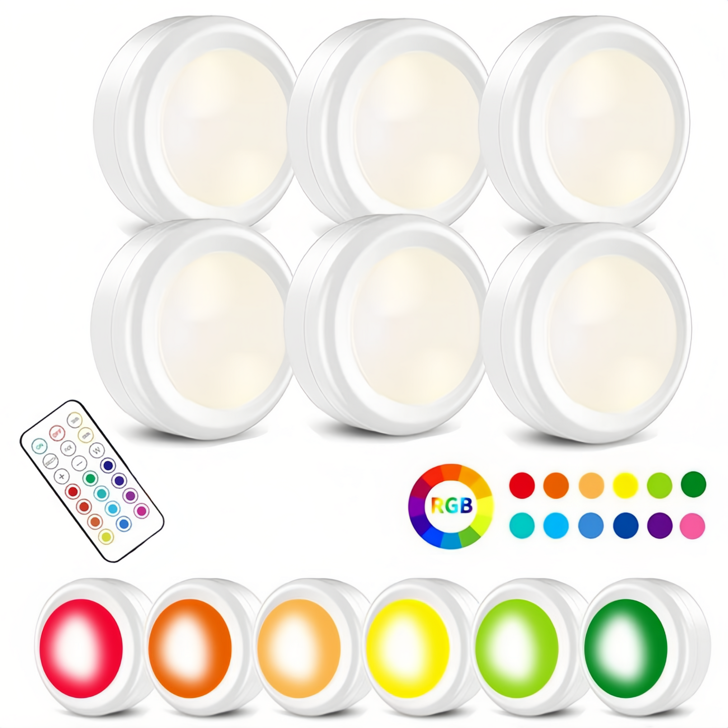 6 Pack Pastable Puck Lights,4 Dynamic Lighting 13 Colors LED Puck Lights,Remote Puck Lights,Under Cabinet Lights Puck Adjustable Brightness for Kitchen,1 LED Per Piece,2.44 in