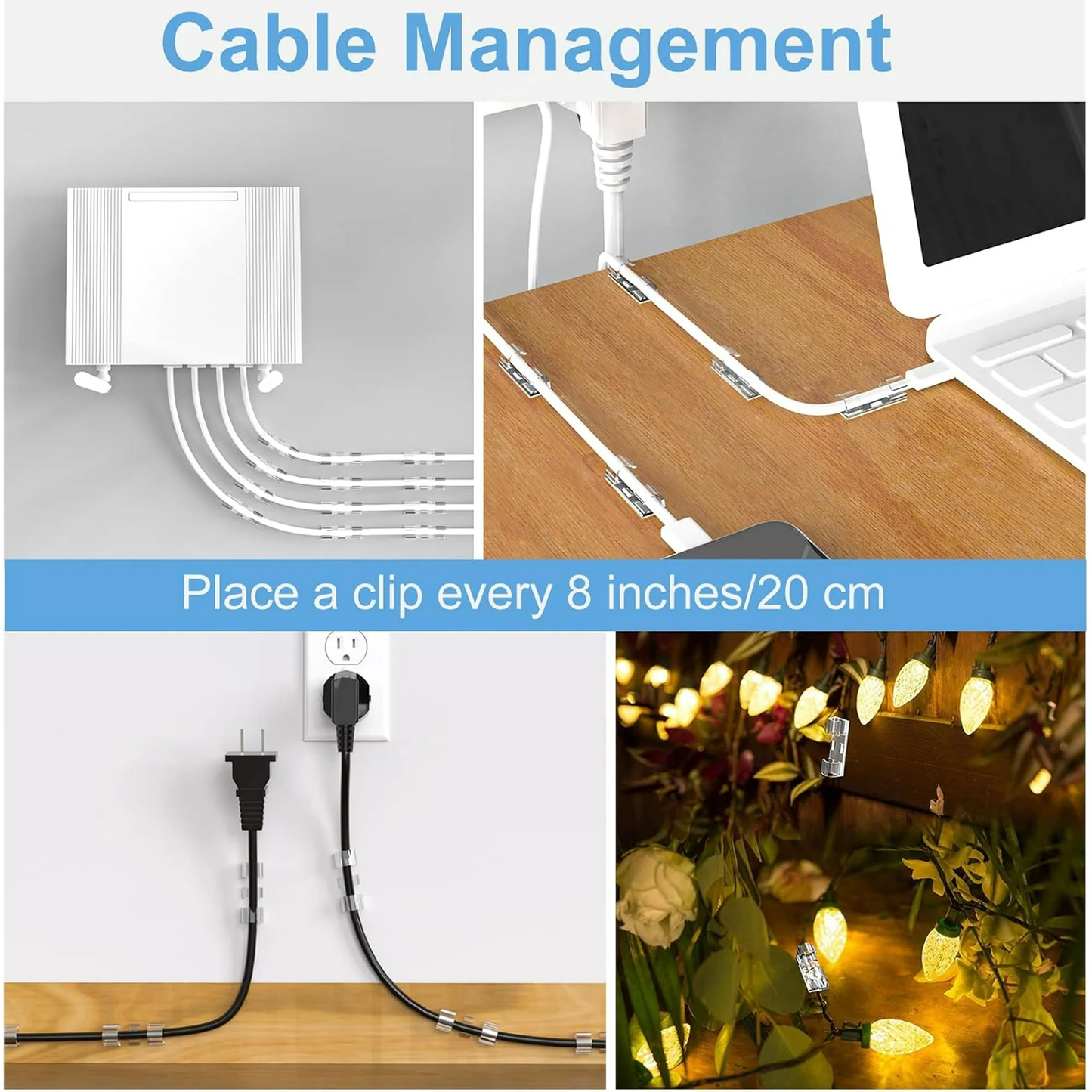 148 Pcs Adhesive Cable Clips & String Lights Clips,Wall Wire Clips 40 Small,60 Large,48 Extra Large,Strong Clear Cord Organizer Cable Management Under Desk,Car,PC,Christmas Light Indoor Outdoor