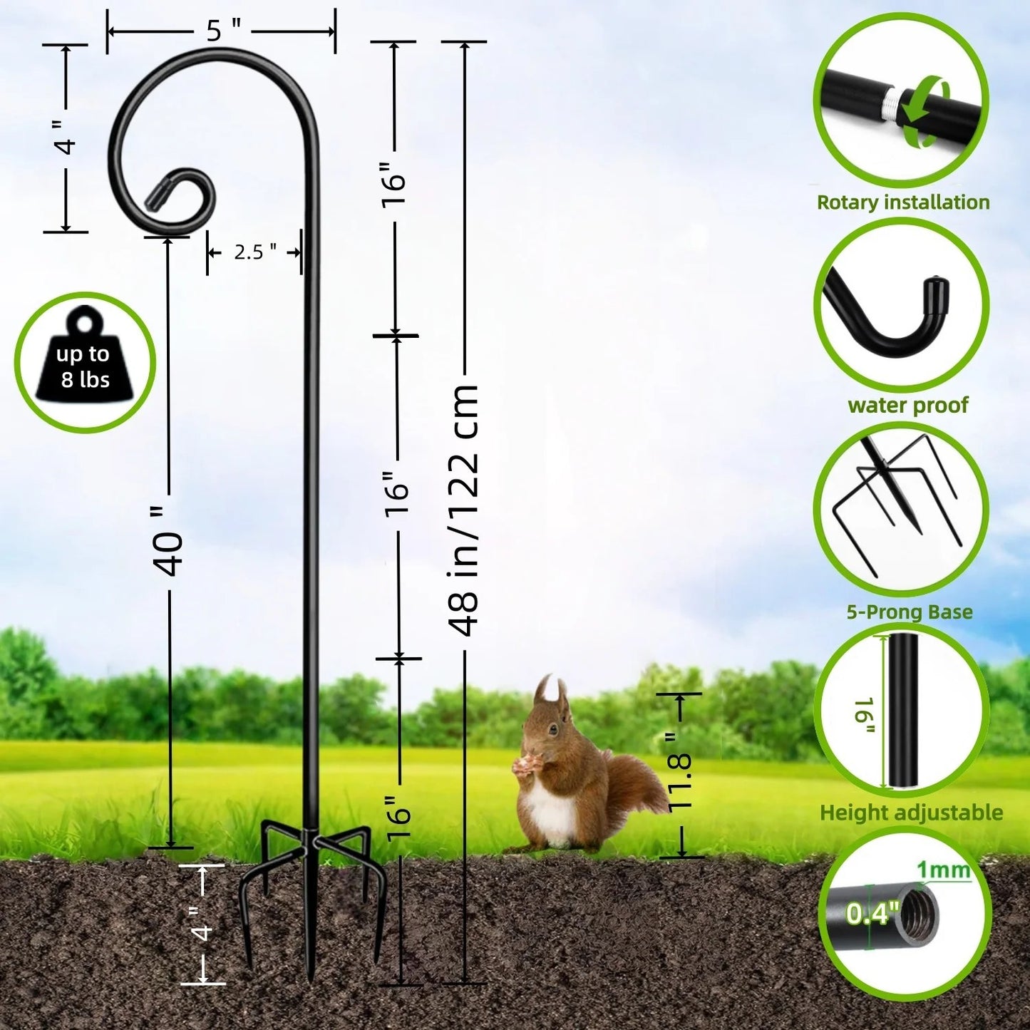 2 Pack 48 Inch Shepherds Hooks for Outdoor, Heavy Duty Bird Feeder Pole with 5 Prong Base, Adjustable Shepherds Hook for Hummingbird Feeder, Lanterns, Plants, Wedding Decor