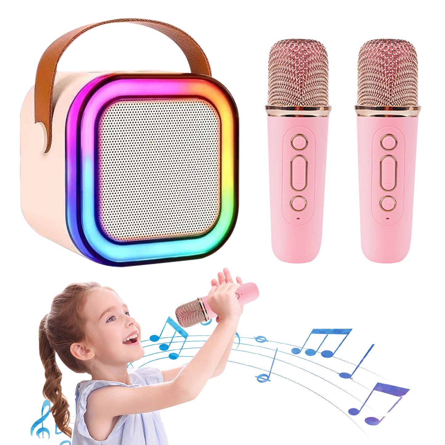 Kids Karaoke Machine,Portable Karaoke Machine with 2 Wireless Microphone,LED Light Music Party Gifts for Girls and Boys 6-10 Year Old,Pink
