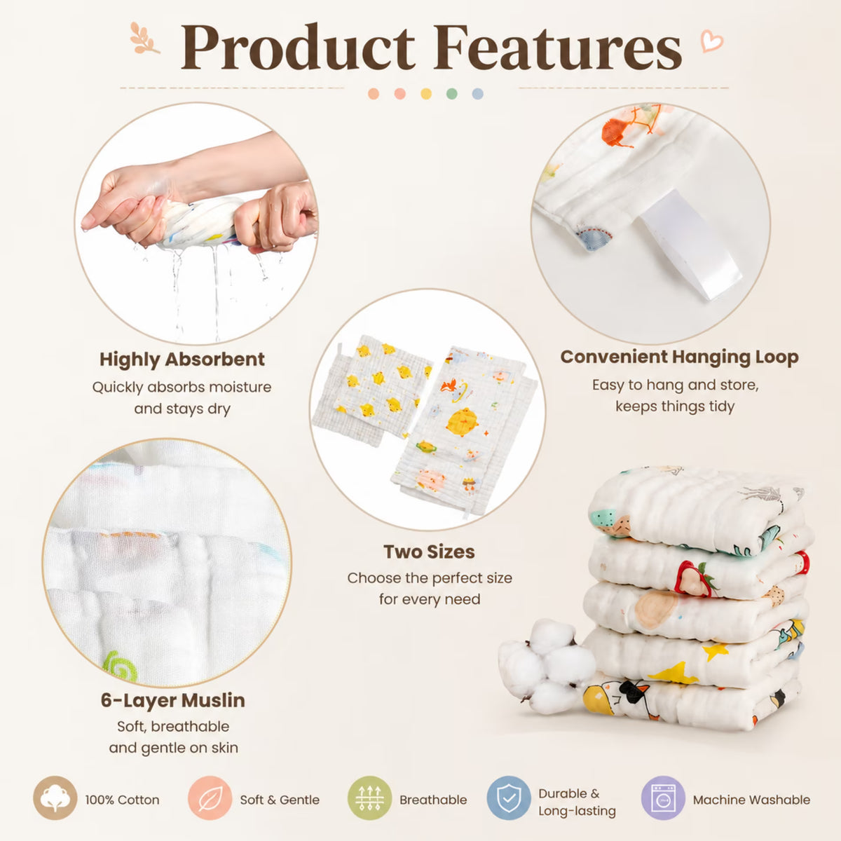 ChrumpTon 10 Pack Muslin Burp Cloths, 2 Sizes (20" x 10" & 10" x 10"), 100% Cotton, 6-Layer, Soft & Absorbent Baby Burp Cloths for Newborns