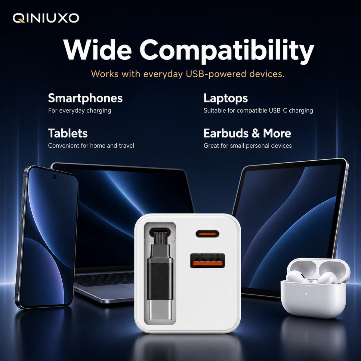 QINIUXO 3-in-1 Retractable USB C Charger, 65W Max Total Output Wall Charger with 25.5 in Built-In Type C Cable, USB C & USB A Charging Ports