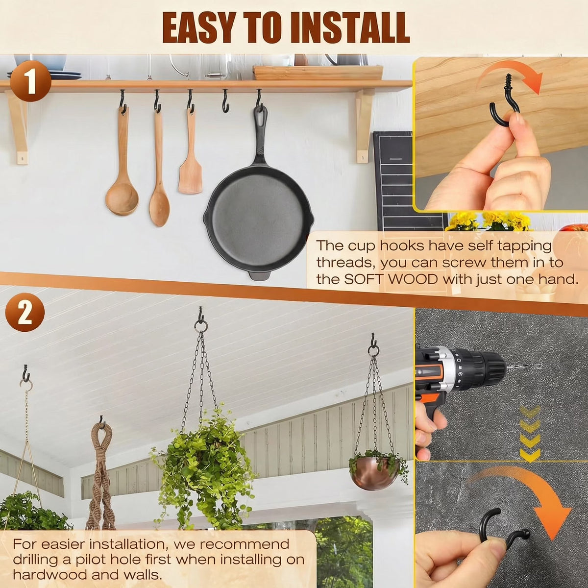 150 Pcs Black Screw Hooks, 2 Sizes of Cup Hooks, Heavy Duty Screw in Hooks, Ceiling Hooks for Hanging Plants, String Lights, 1 Inch and 1-1/2 Inch