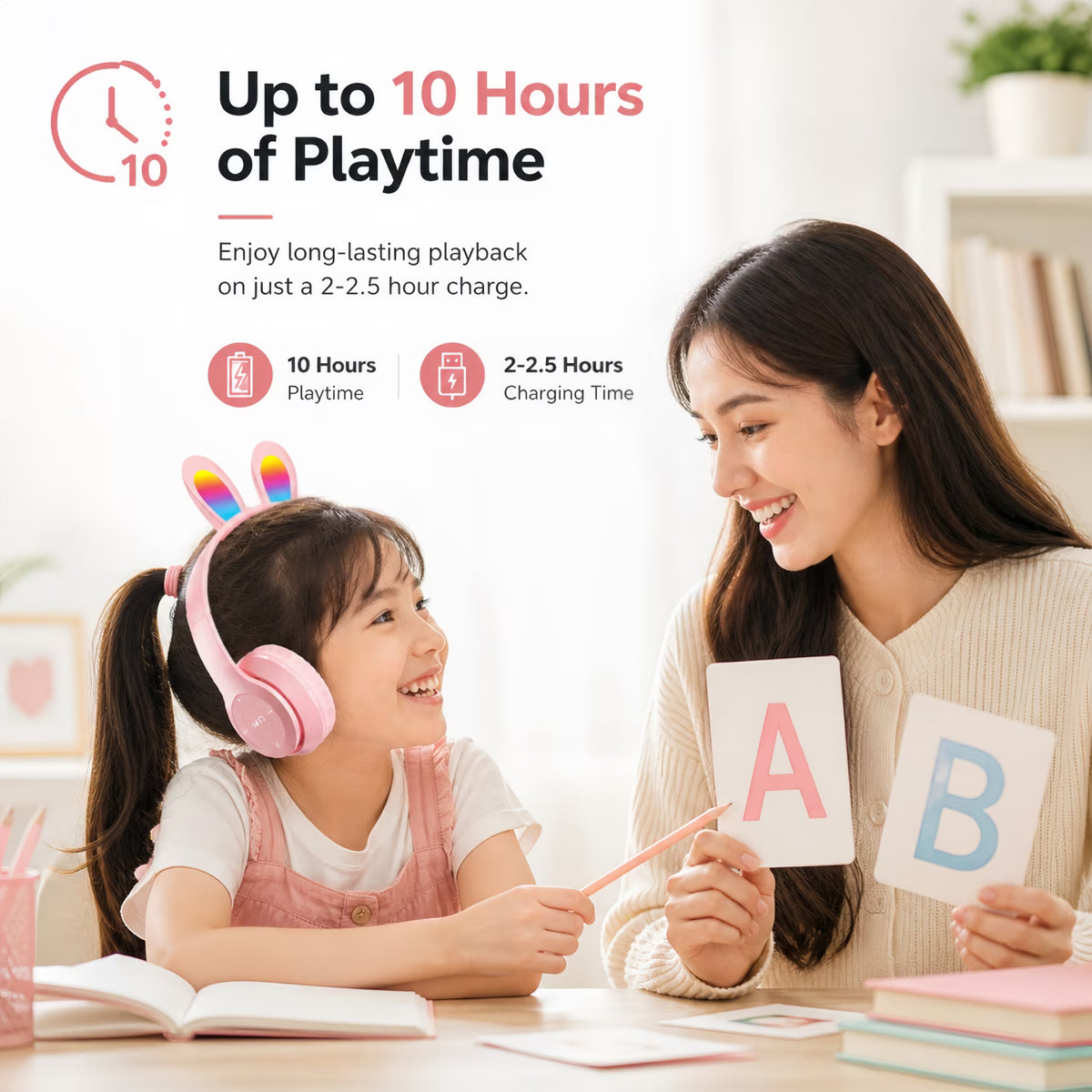 QINIUXO 2 Pack Kids Bluetooth Headphones with Bunny Ears, Volume Limited Wireless Headphones with Microphone for Girls & Boys, Foldable Over-Ear Headset for School, Tablet, Phone & PC (Pink/Black)