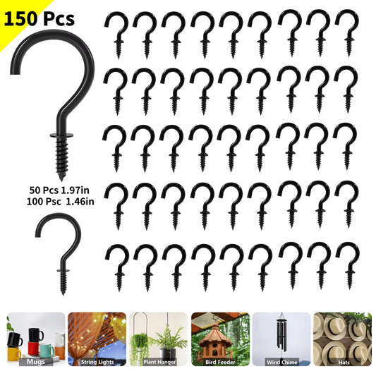 150 Pcs Black Screw Hooks, 2 Sizes of Cup Hooks, Heavy Duty Screw in Hooks, Ceiling Hooks for Hanging Plants, String Lights, 1 Inch and 1-1/2 Inch