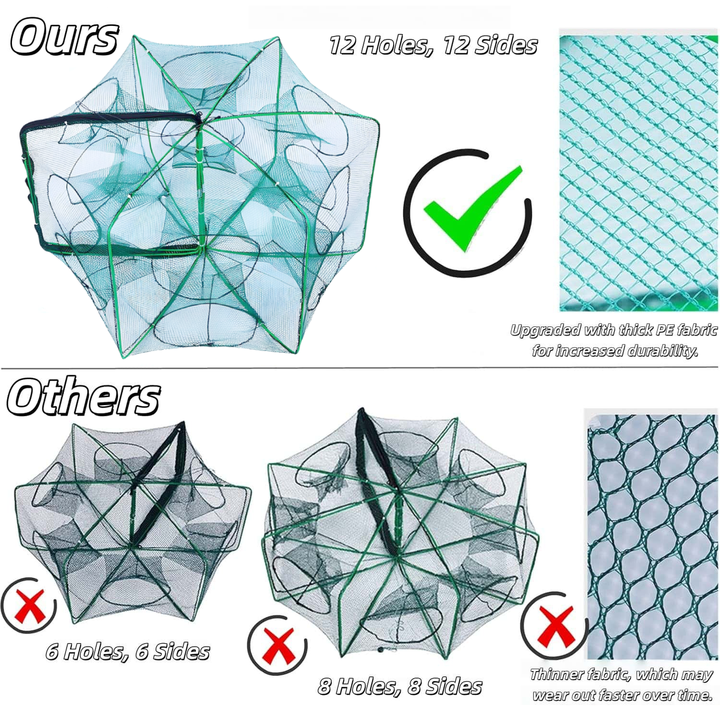 3‑Pack Crawfish Traps, 12-Hole Fishing Trap, Cylindrical Hexagon Crab Trap, Green Foldable Fishing Net, Fishing Accessories for Small Fish Shrimp Crab Crawfish (23.6 x 13.8 in)