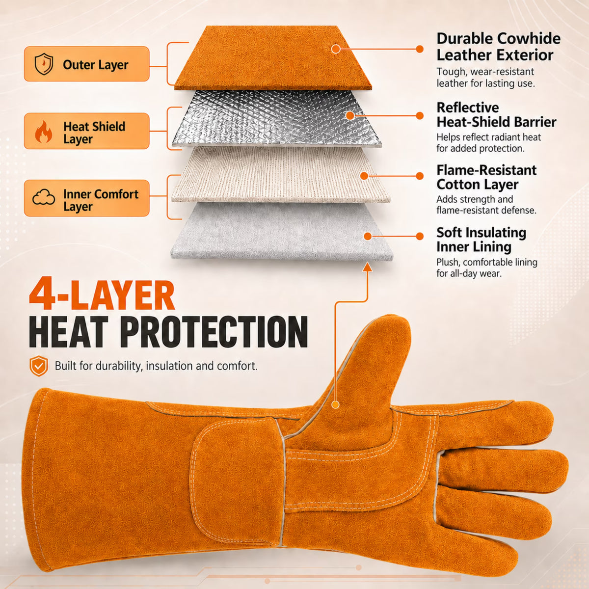 ChrumpTon 16 Inch Leather Welding Gloves, Heat Resistant Work Gloves with Extended Cuff, Reinforced Stitching and Soft Lining for Fireplace, Wood Stove, Yard Work and Light Welding, Orange