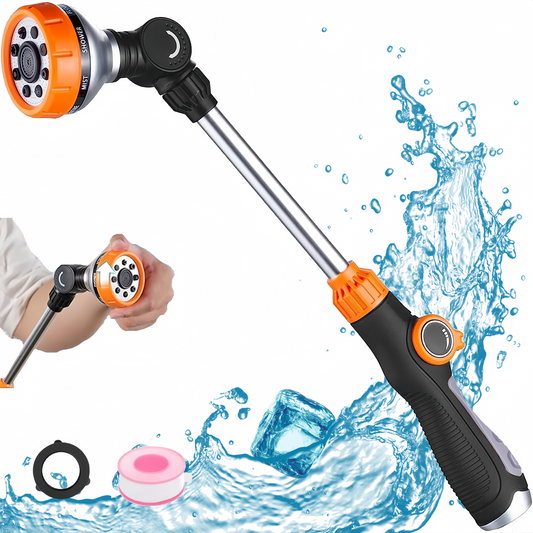 Garden Hose Nozzle, Hose Nozzle with 180° Rotating Head, Heavy Duty Metal Watering Wand, Pressure Nozzle with 8 Spray Patterns and Flow Control, Garden Tools Perfect for Hanging Baskets, Shrubs