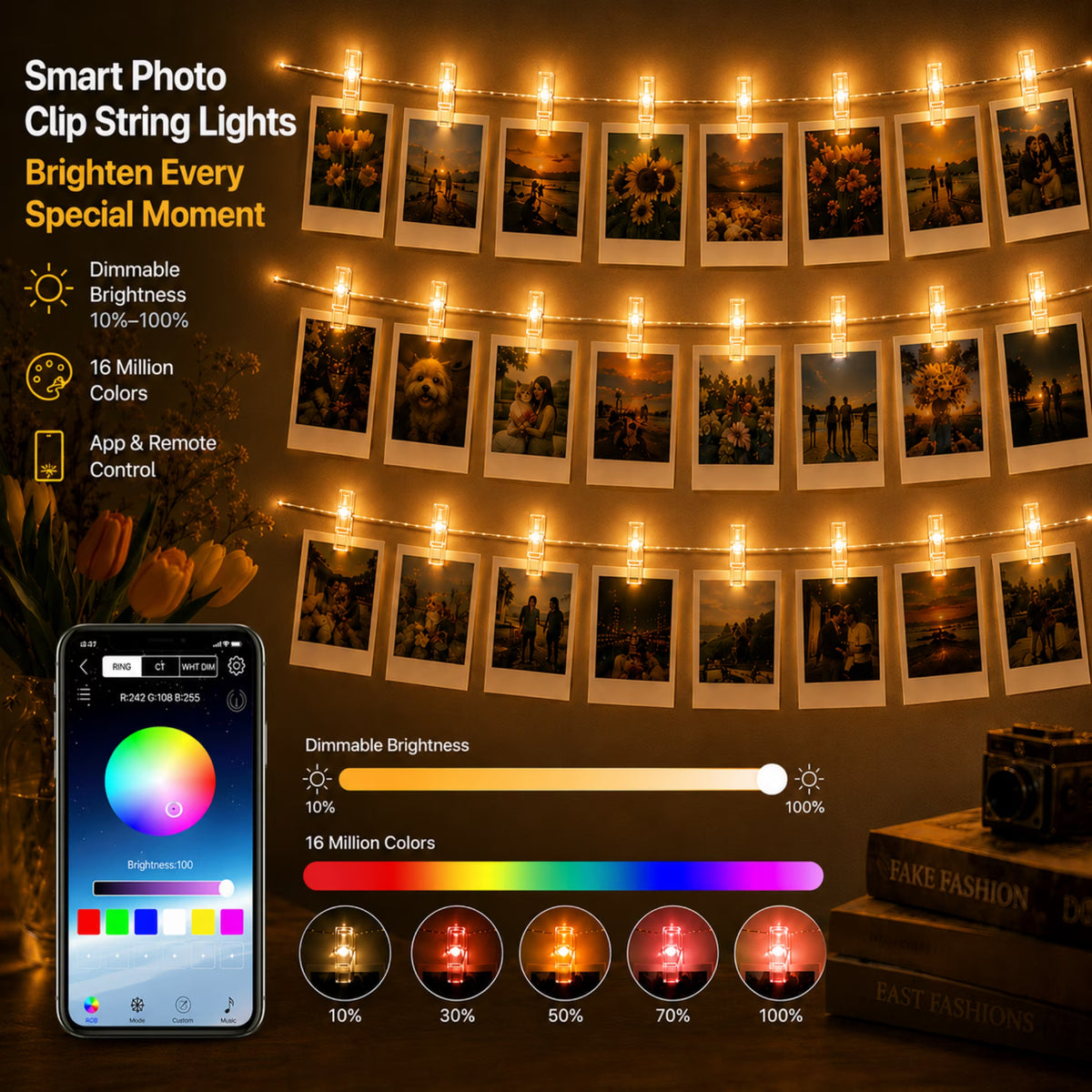 100 LED Photo Clip String Lights, 33FT Fairy Lights for Pictures, USB Photo Hanging Lights with Remote & App Control, Waterproof Picture Lights with 100 Clips for Room Decor