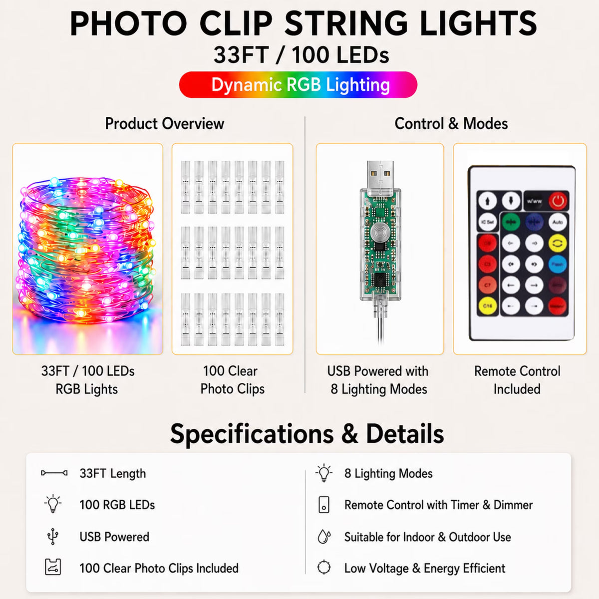 100 LED Photo Clip String Lights, 33FT Fairy Lights for Pictures, USB Photo Hanging Lights with Remote & App Control, Waterproof Picture Lights with 100 Clips for Room Decor