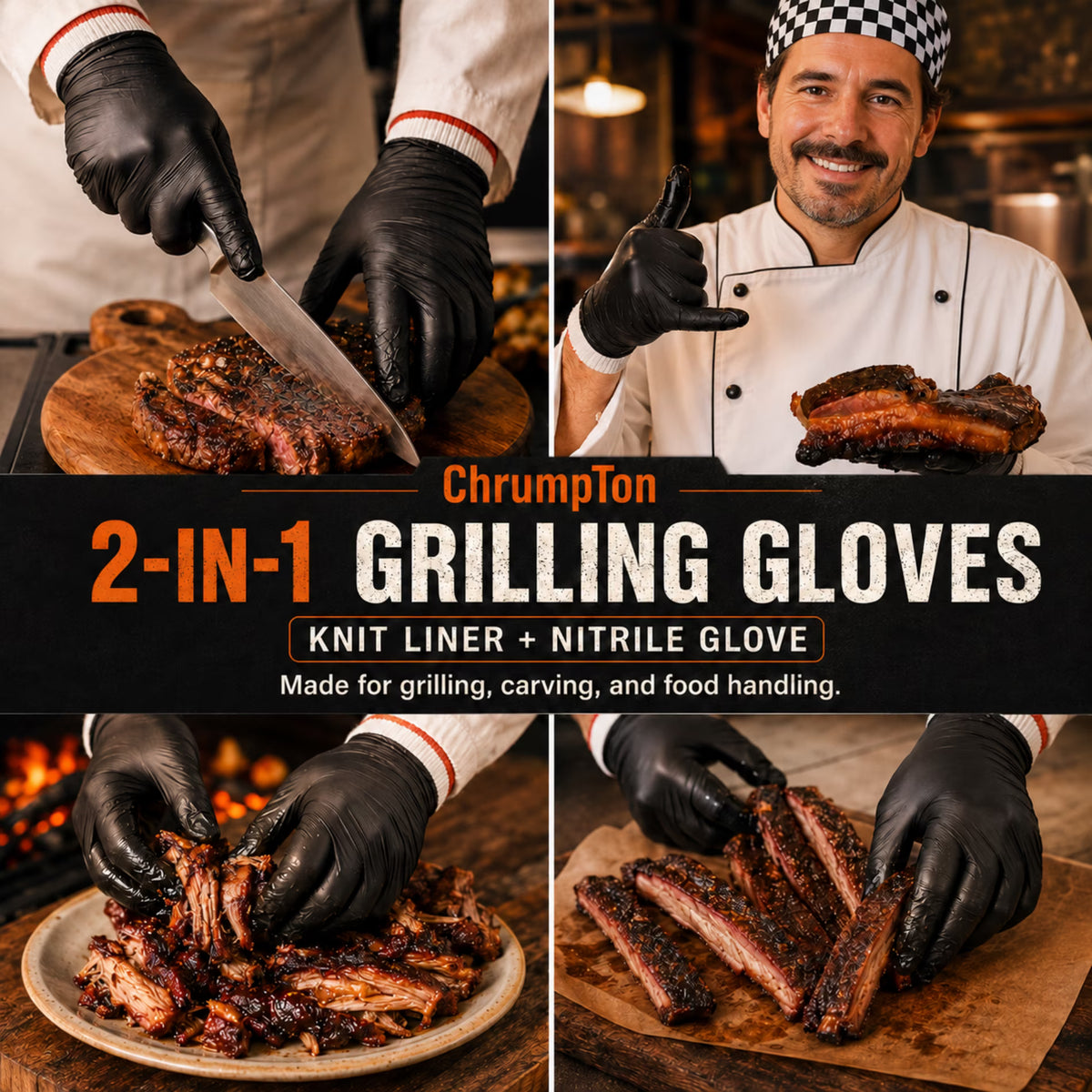 ChrumpTon BBQ Gloves for Grilling, Heat Resistant, for Barbecue Smoker, Cooking Hot Meat, Non-Slip Grip - Black Large