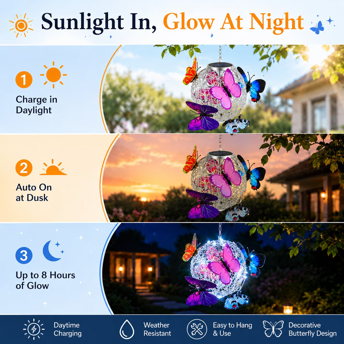 PEUHOP 2 Pack Butterfly Solar Lanterns Outdoor Waterproof, Hanging Solar Lights with White LED for Garden Decor, Yard, Patio, Pathway and Porch