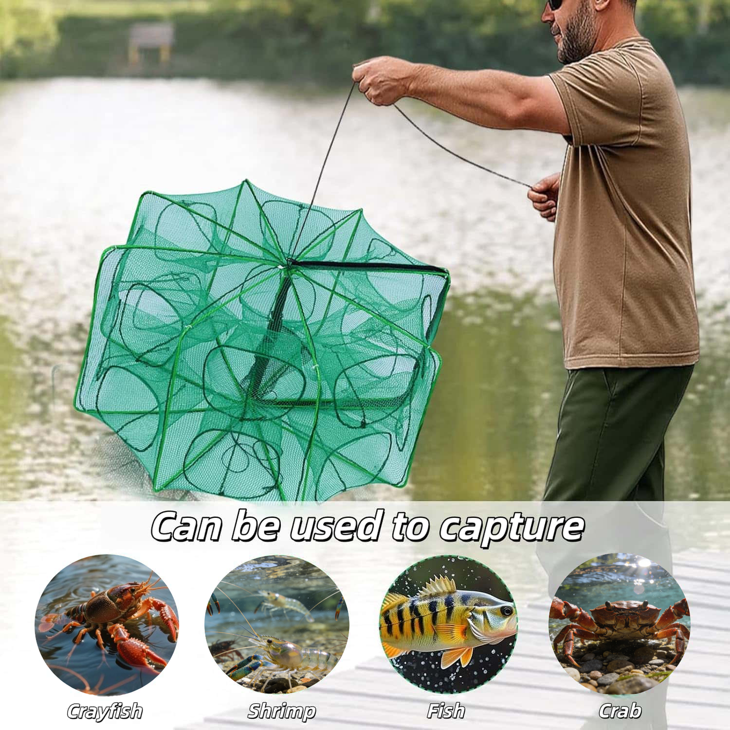 3‑Pack Crawfish Traps, 12-Hole Fishing Trap, Cylindrical Hexagon Crab Trap, Green Foldable Fishing Net, Fishing Accessories for Small Fish Shrimp Crab Crawfish (23.6 x 13.8 in)