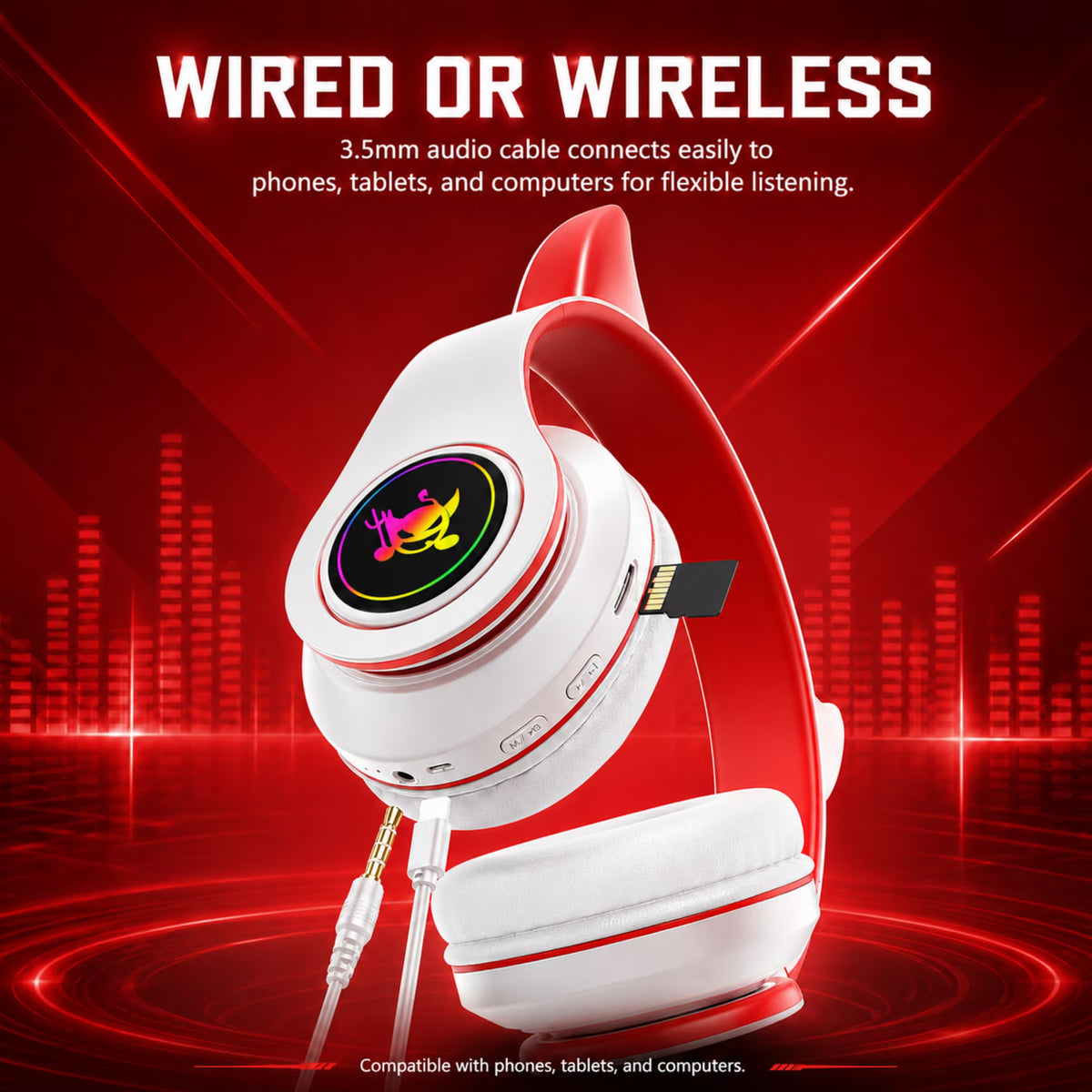 QINIUXO Kids Bluetooth Headphones, Wireless Over-Ear Headset with LED Lights, Foldable Adjustable Design, Volume Controls, 3.5mm Wired and Memory Card Modes for School, Travel, Tablets and Laptops