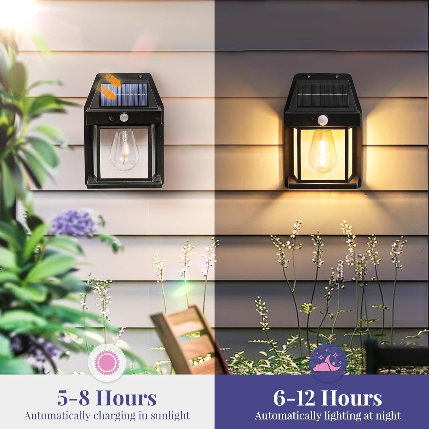 2 Pack Warm Light Porch Lights,3 Modes Solar Wall Lights Outdoor,Wall Porch Light Motion Sensor,Waterproof Outdoor Wall Lights for Garage Shed Door,Black 6.69 in