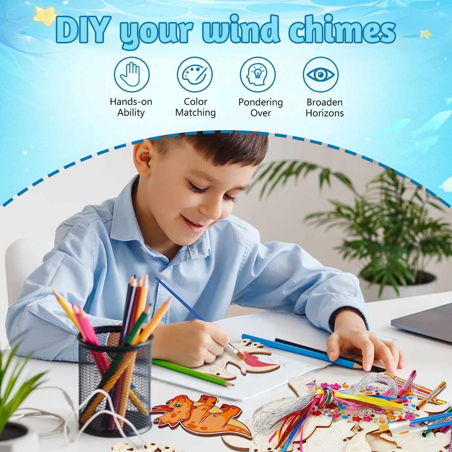Wind Chimes Kit,Arts and Crafts,Wooden Crafts Kit for Kids Ages 8-12,Dinosaur and Sea Creature,Artistic Creation for Boys and Girls,19 Pcs