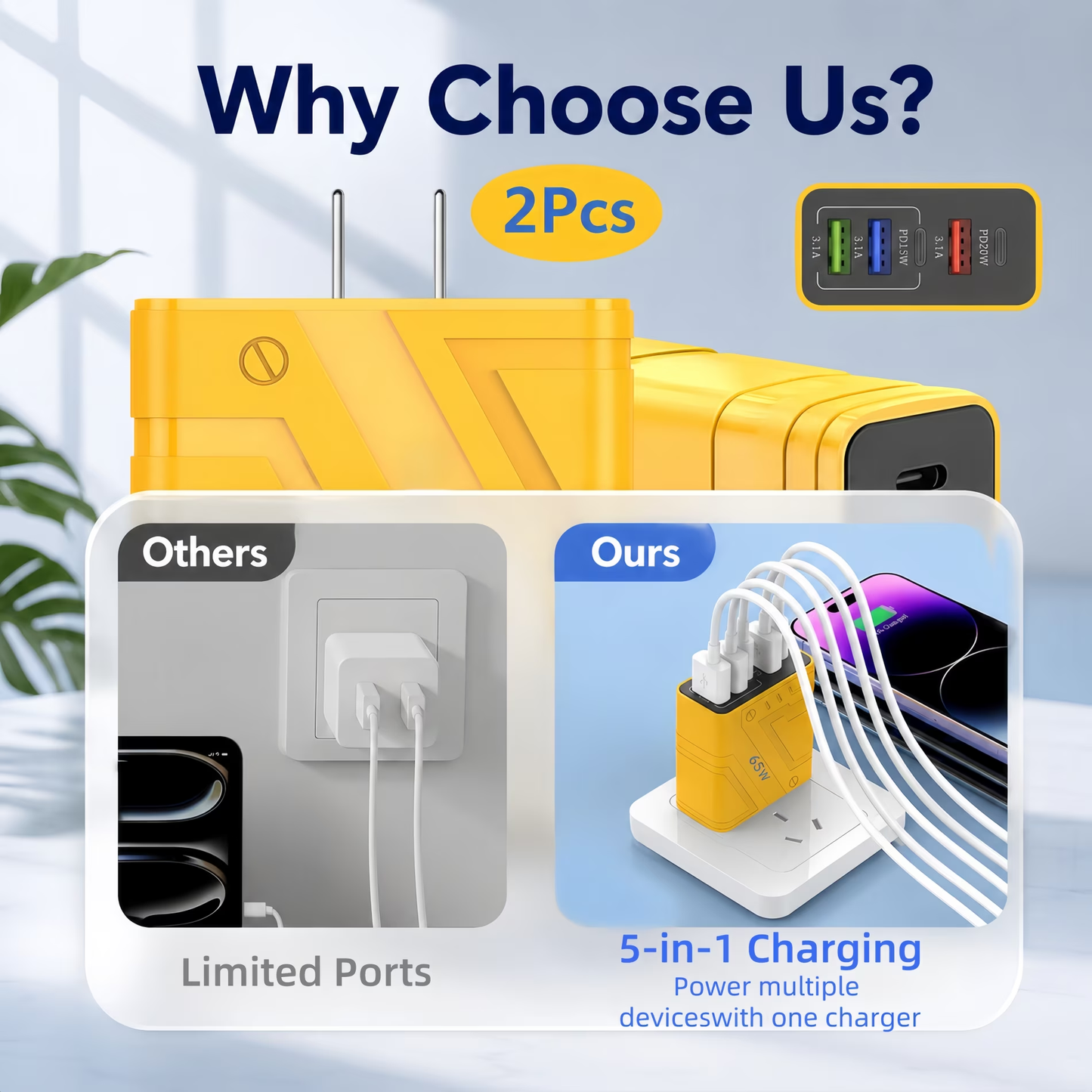 QINIUXO USB C Charger Block, 2 Pcs USB C Adapter, 5-Port Wall Charger, Fast Charging Block, Type C Brick Chargers for Various Types of Mobile Phones, Yellow