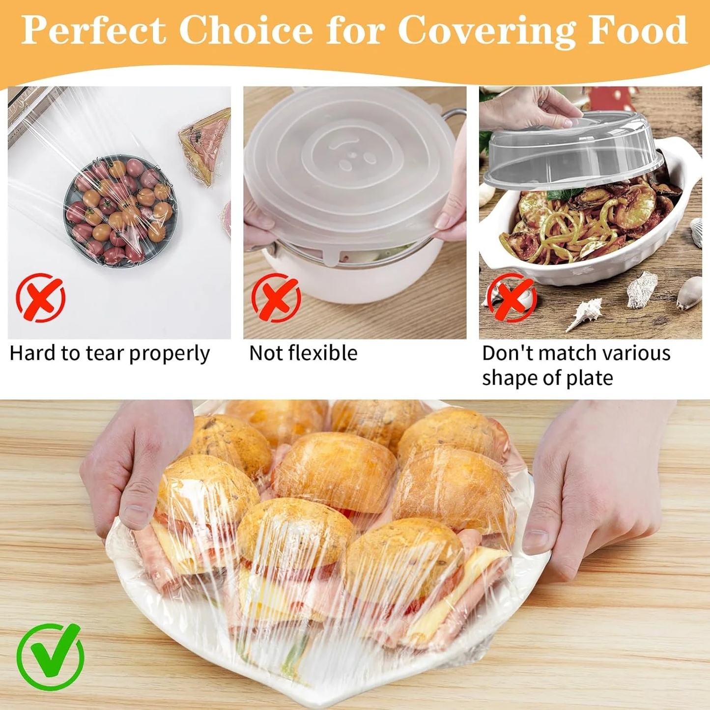 ChrumpTon 300Pcs Plastic Bowl Covers, Disposable Elastic Stretch Food Covers, Two Sizes, Fits Bowls up to 8" & 13", Food Storage, Bread Proofing, Kitchen and Outdoor Use