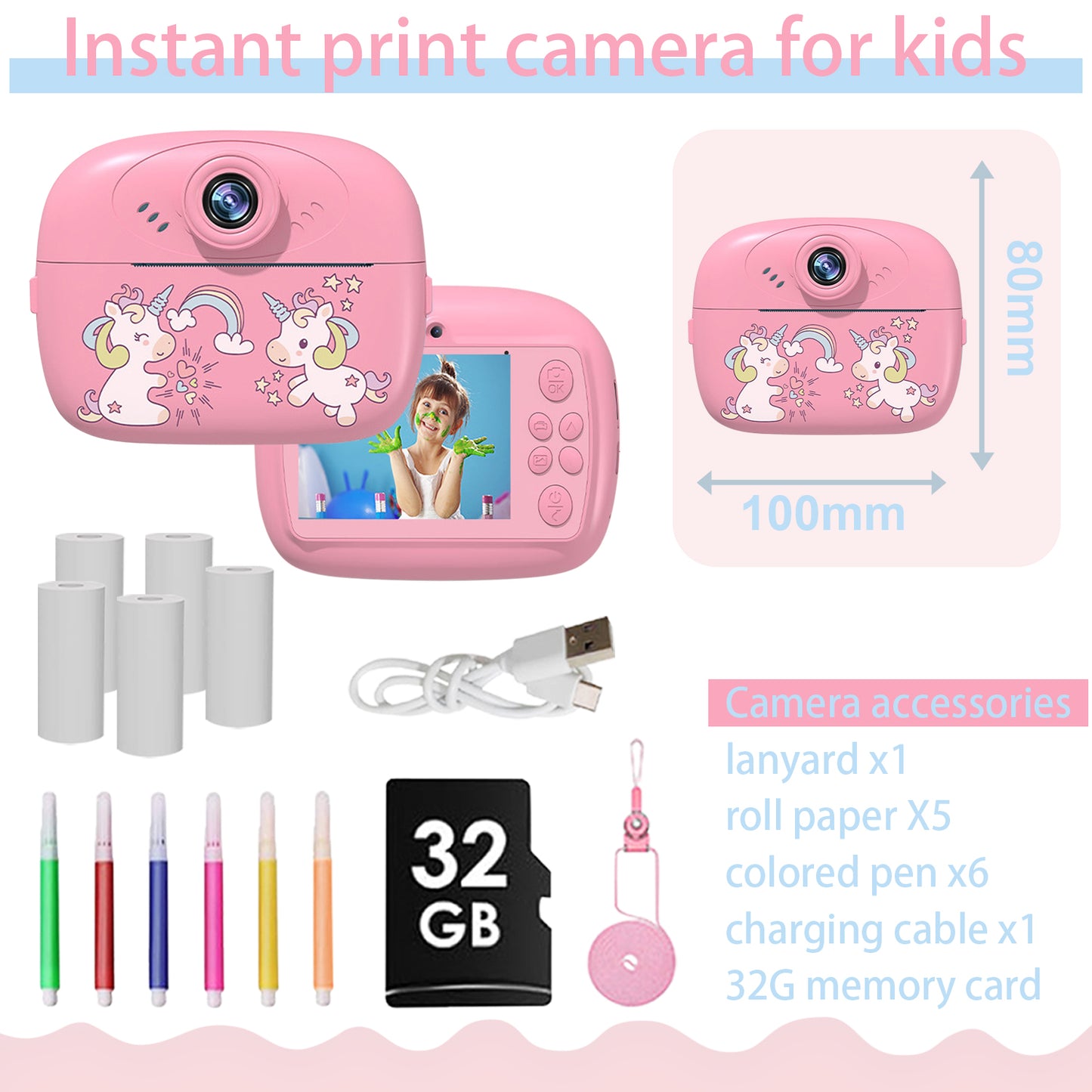 QINIUXO Instant Print Camera,HD Digital Camera,Pink Camera,Christmas Gift