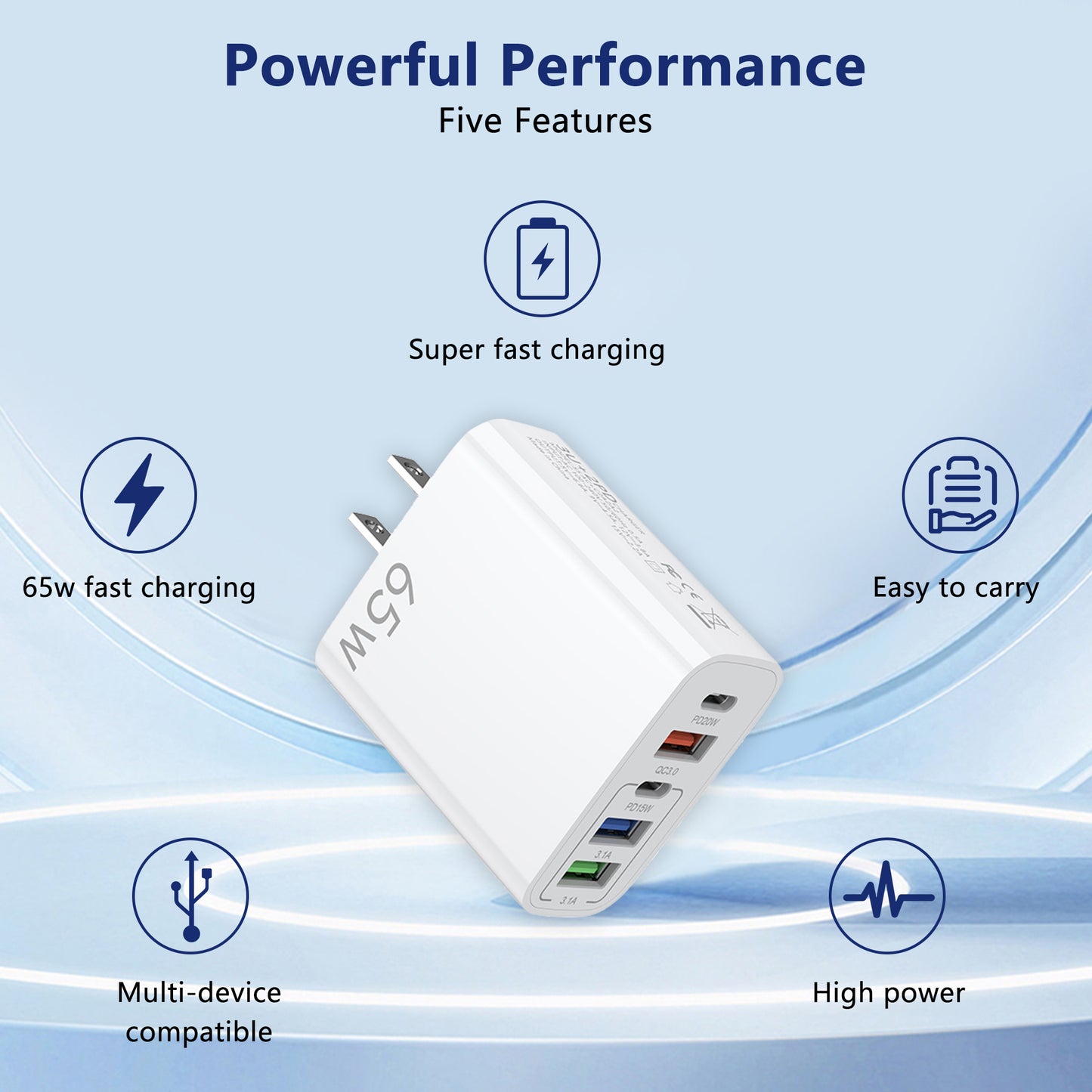 USB C Wall Charger,65W Fast Charger 2 Pcs,6 Port Power Adapter,Suitable for Multi-model Mobile Phones,Tablets,Computers