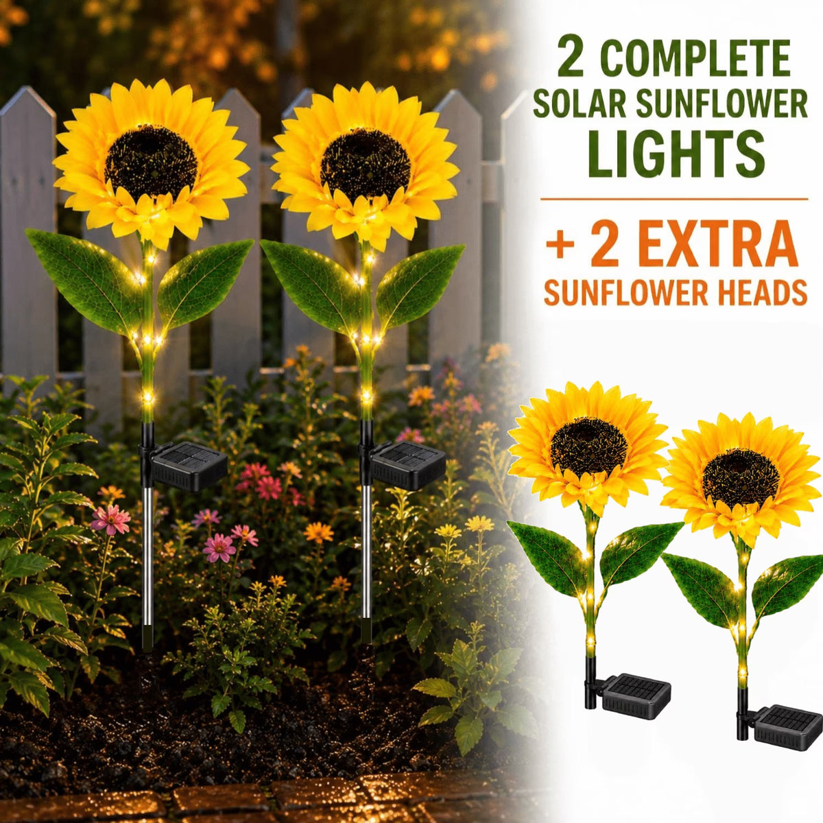 2 Pack Solar Garden Lights with 2 Extra Sunflower Heads, Solar Sunflower Lights Outdoor Waterproof with Auto On/Off, Solar Lights for Patio Lawn Outdoor Decor, Lighted Stem