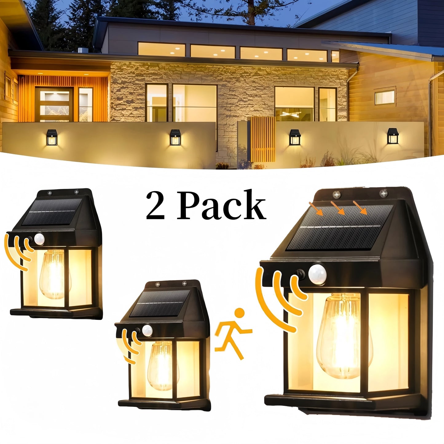 2 Pack Warm Light Porch Lights,3 Modes Solar Wall Lights Outdoor,Wall Porch Light Motion Sensor,Waterproof Outdoor Wall Lights for Garage Shed Door,Black 6.69 in