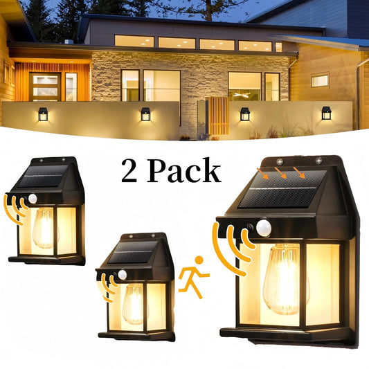 2 Pack Warm Light Porch Lights,3 Modes Solar Wall Lights Outdoor,Wall Porch Light Motion Sensor,Waterproof Outdoor Wall Lights for Garage Shed Door,Black 6.69 in