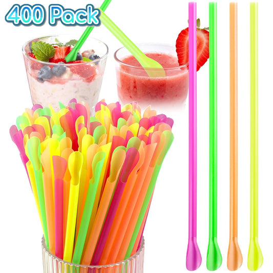 400 Counts Snow Cone Straws,7.9" Disposable Straws,Spoon Straws,Assorted Bright Colors Sorbet Drink Party