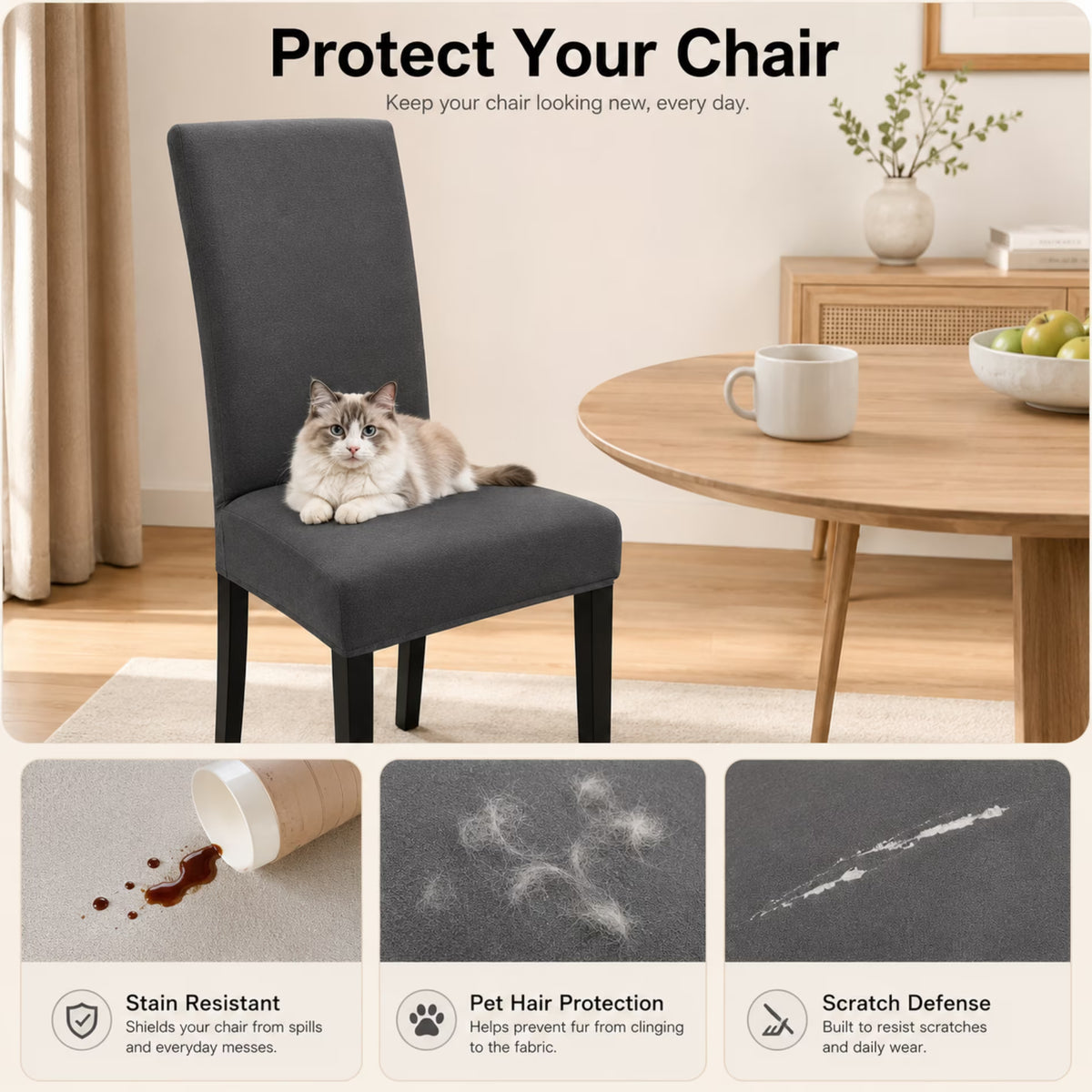 ChrumpTon Chair Covers for Dining Chairs Set of 4, Stretch Dining Chair Slipcovers, Removable Washable Chair Covers with Elastic Fit, Chair Protectors for Dining Room, Kitchen, Hotel, Dark Gray