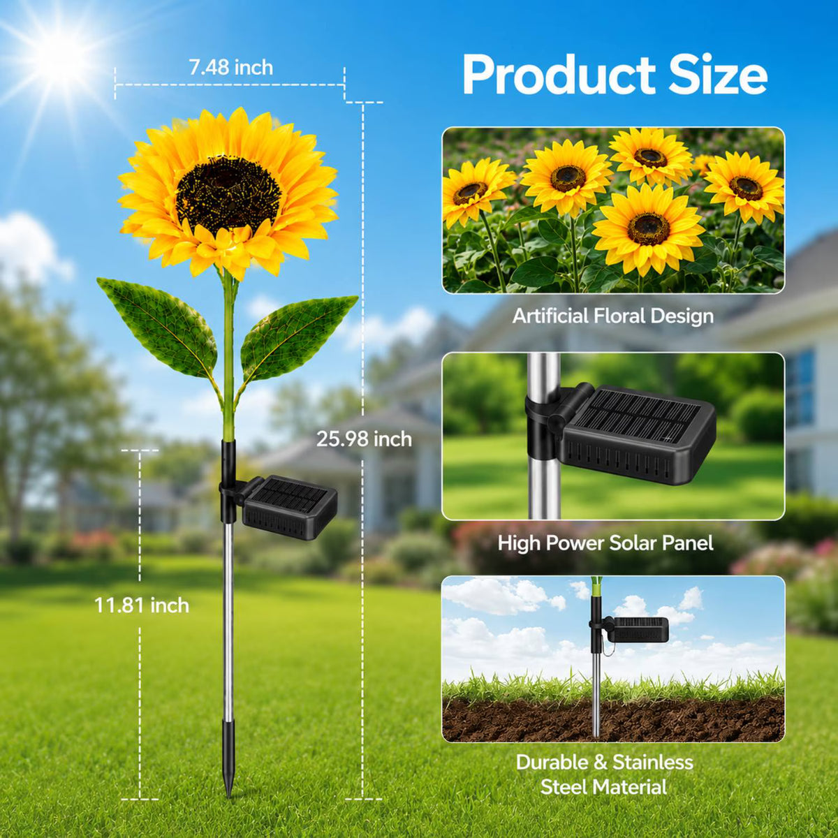 2 Pack Solar Garden Lights with 2 Extra Sunflower Heads, Solar Sunflower Lights Outdoor Waterproof with Auto On/Off, Solar Lights for Patio Lawn Outdoor Decor, Lighted Stem