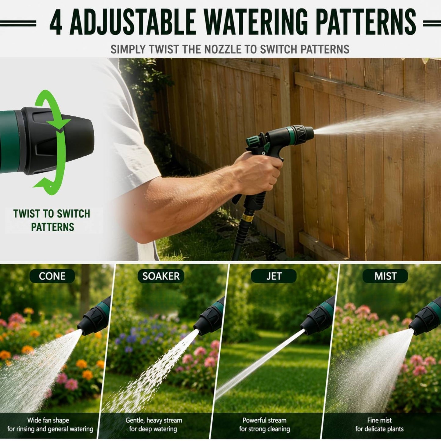 2 Pack Garden Hose Nozzle, Heavy Duty Water Hose Nozzle with 8 Spray Patterns, High Pressure Hose Sprayer with Flow Control for Flowers, Lawn, Car Wash and Pet Bath
