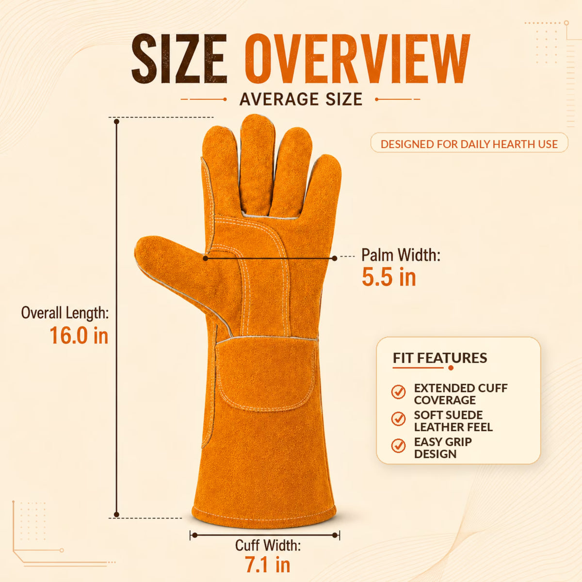 ChrumpTon 16 Inch Leather Welding Gloves, Heat Resistant Work Gloves with Extended Cuff, Reinforced Stitching and Soft Lining for Fireplace, Wood Stove, Yard Work and Light Welding, Orange