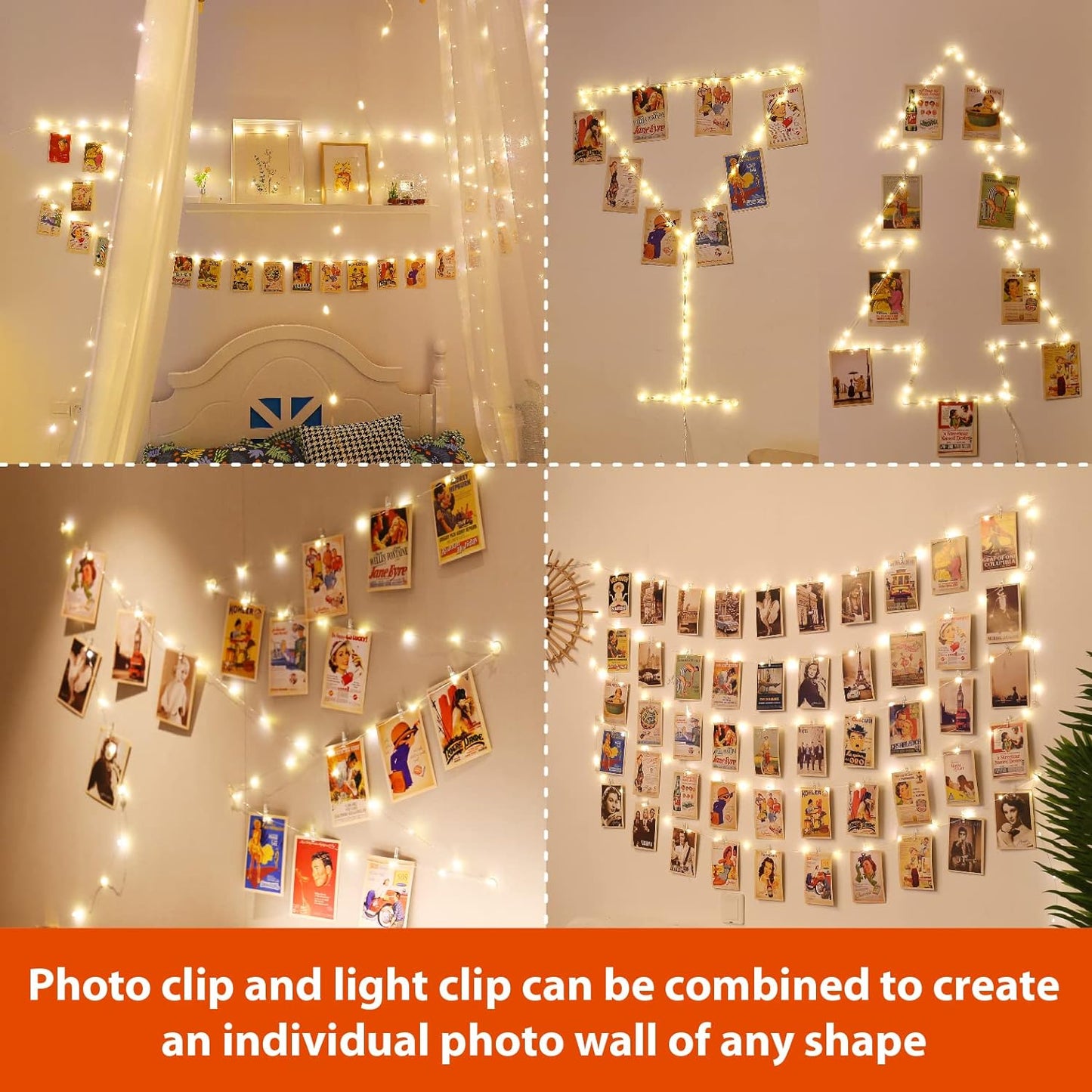 32.8 ft Photo String,100 LED Photo Clips,USB Powered Photo Clip Light,50 Clip String Lights for Picture Party Bedroom Wedding Camping,Warm White