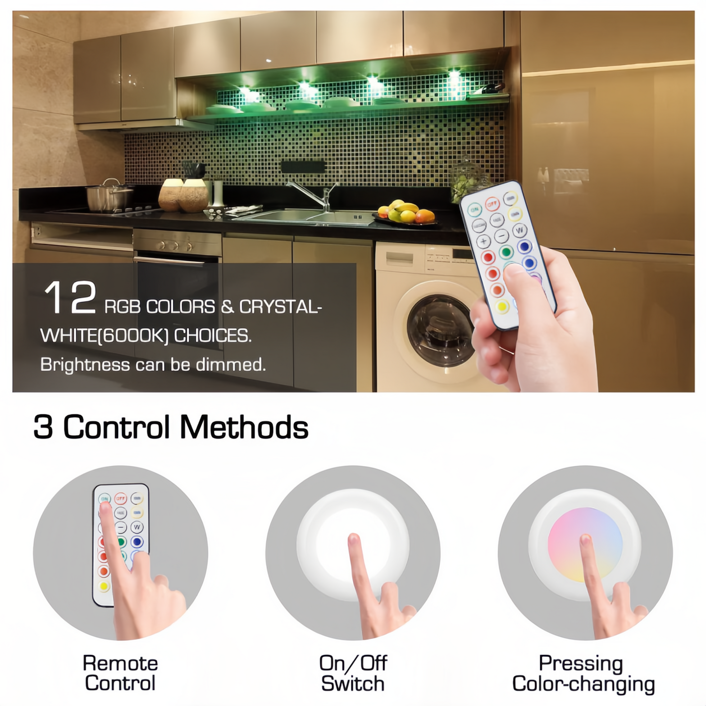 6 Pack Pastable Puck Lights,4 Dynamic Lighting 13 Colors LED Puck Lights,Remote Puck Lights,Under Cabinet Lights Puck Adjustable Brightness for Kitchen,1 LED Per Piece,2.44 in