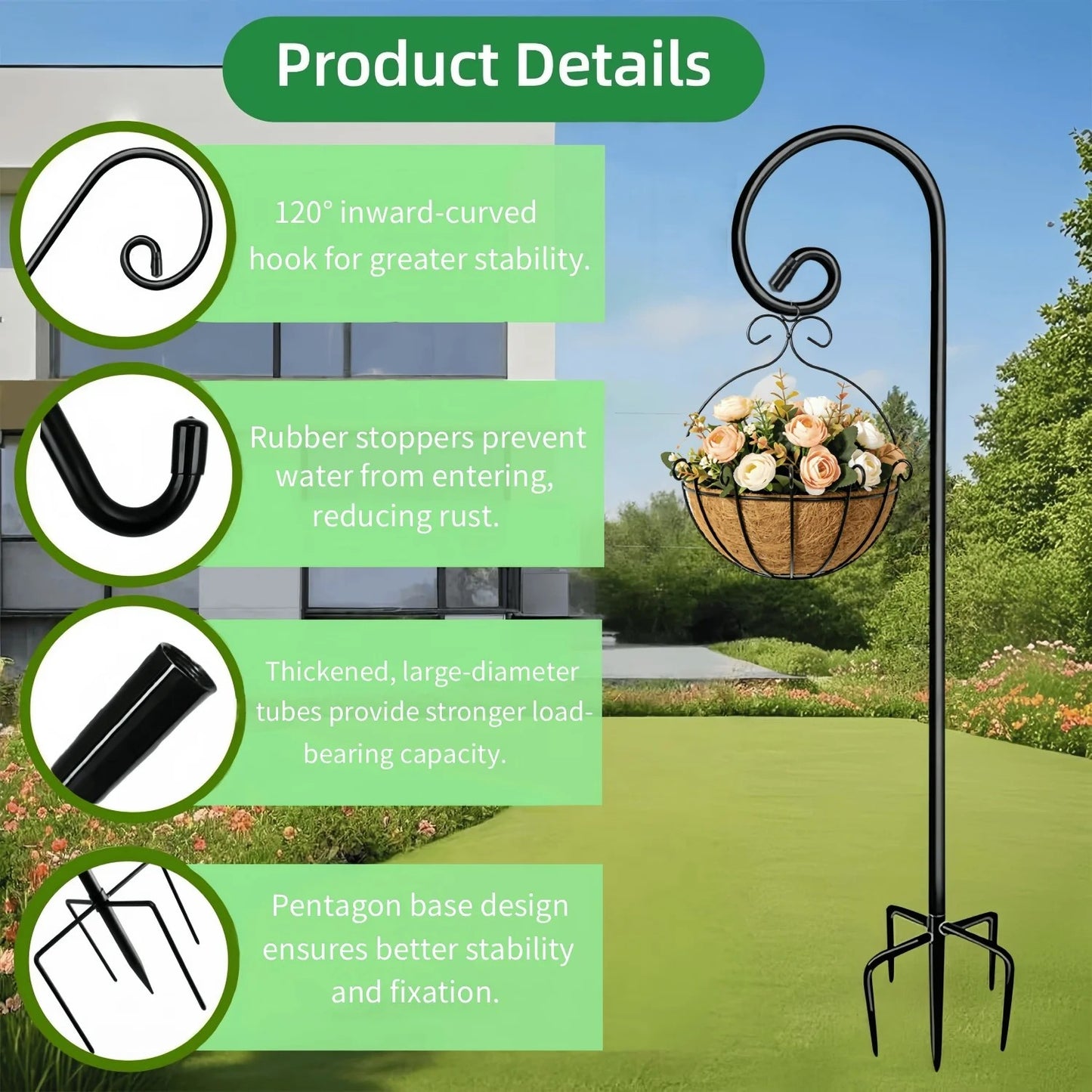 2 Pack 48 Inch Shepherds Hooks for Outdoor, Heavy Duty Bird Feeder Pole with 5 Prong Base, Adjustable Shepherds Hook for Hummingbird Feeder, Lanterns, Plants, Wedding Decor